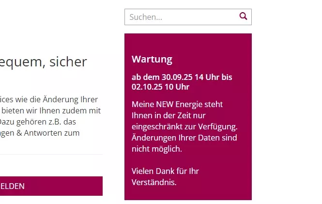 Screenshot: Wartung bei new energie